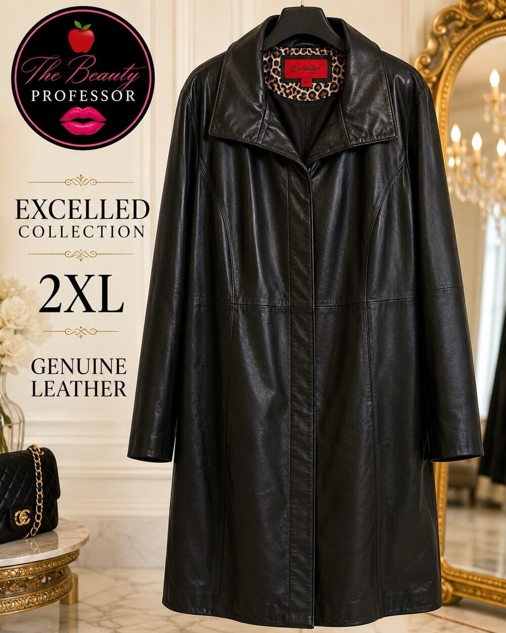 💞 Excelled Collection 2XL Black Genuine Leather Long Coat Leopard Lined Plus